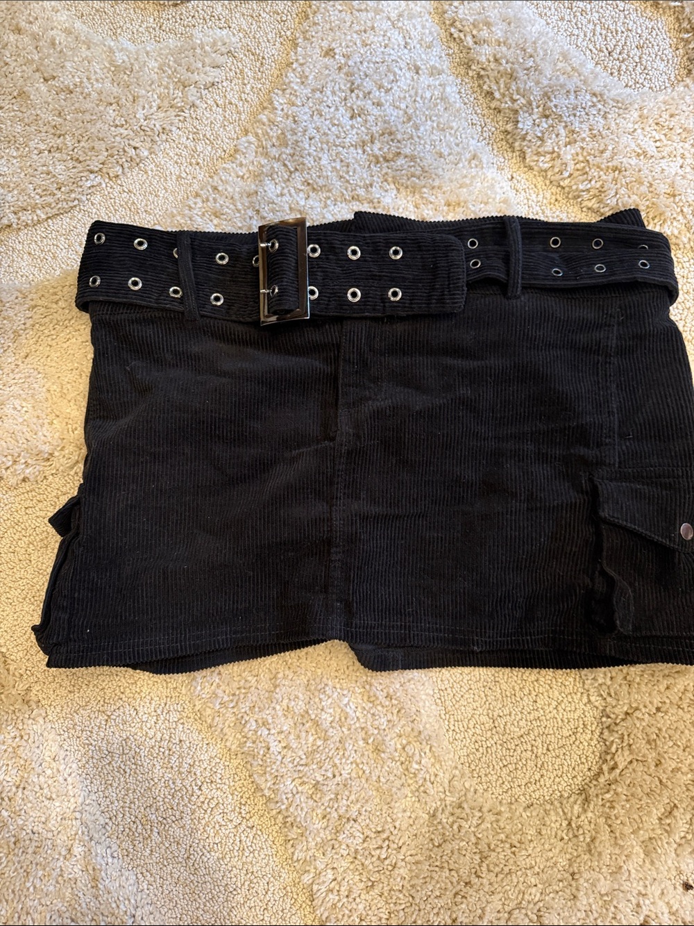 Princess Polly Corduroy Mini Skirt with Eyelet Belt - Black Size 8